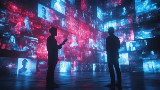 Two silhouetted individuals analyzing multiple digital floating portraits and data screens in a futuristic immersive room with red and blue lighting