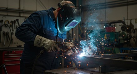 Photo of a Skilled Welder at Work in a Metal Workshop