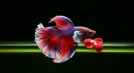 Photo of a Vibrant Betta Fish with a Red Flower in Aquarium