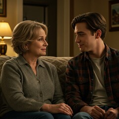 Photo of a Woman and Man Conversing on a Couch in a Living Room