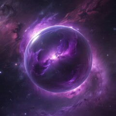 Fototapeta premium Ethereal orb glows, purple nebula swirls around it in cosmic space , hue, dust, texture