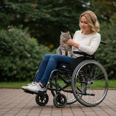 Photo of a Woman in a Wheelchair with Her Cat in a Park