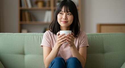 Photo of a Young Asian Woman Enjoying a Warm Drink on a Sofa