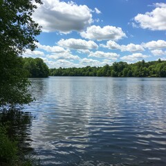 Photo of Calm Lake with Lush Green Trees and Blue Sky
