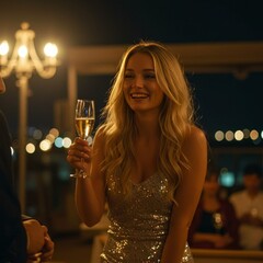 Photo of a Young Woman in a Silver Dress at a Night Party with Champagne
