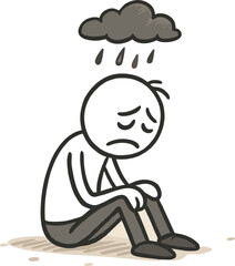 Vector cartoon stick figure drawing conceptual illustration of sad or depressed man siting alone