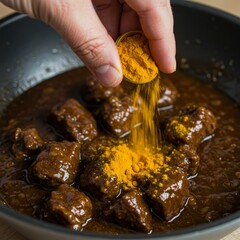 Photo of Adding Turmeric to Beef Curry in Pan