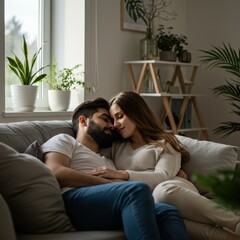 Photo of Affectionate Couple Embracing on Sofa in Cozy Living Room