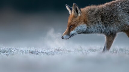 Red fox hunting frosty field, sunrise mist