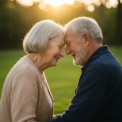 Photo of Affectionate Senior Couple at Sunset