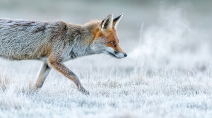 Red fox hunting frosty field, winter sunrise