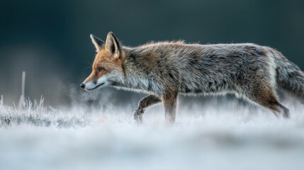 Red fox walking frosty field, dawn, wildlife