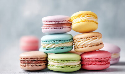 Colorful Macarons Stacked on a Light Gray Surface