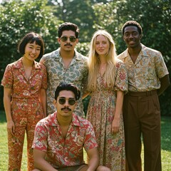 Photo of Diverse Friend Group in Floral Outfits at Park