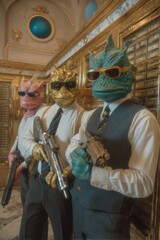 Reptilian gangsters vault heist opulent background