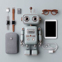 Retro robot with gadgets on grey background