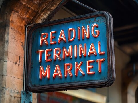 vintage neon sign reading reading terminal market hanging under an archway with warm lighting and rustic patina