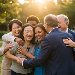 Photo of Diverse Group Embracing Outdoors at Sunset