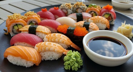 Photo of Assorted Sushi Platter with Soy Sauce and Wasabi