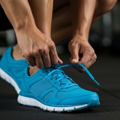 Photo of Athlete Tying Blue Running Shoes in Gym