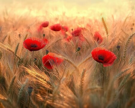 Bright red poppies blooming elegantly amidst golden wheat stalks in a sunlit field creating a warm and peaceful atmosphere