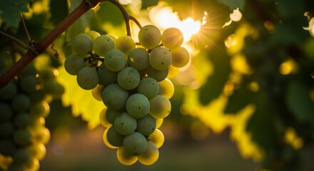 Photo of Backlit Green Grapes on Vine in Sunset Vineyard