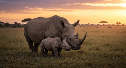 Photo of Baby Rhino with Mother at Sunset in African Grassland