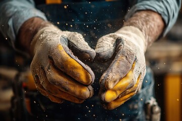 Close-up of worn dusty hands clapping or creating a cloud of fine particles showcasing hardworking labor in protective gloves