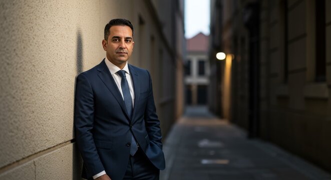 Photo of Confident Businessman in Blue Suit in City Alleyway