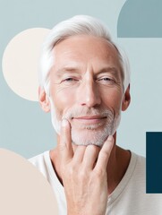 Senior man smiling, skincare, studio, abstract background, advertising