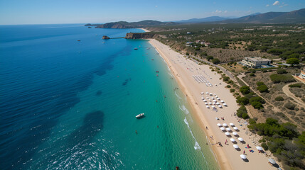 Aerial view of Maria Pia beach on a sunny day. Sardinia, Italy