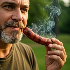 Photo of Bearded Man Eating Grilled Sausage Outdoors
