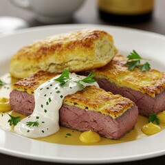 Photo of Beef Wellington with White Sauce and Puff Pastry