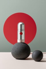 Silver container on stones, red circle background, product shot