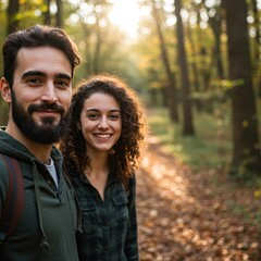 Fototapeta premium Photo of Couple Selfie in an Autumn Forest