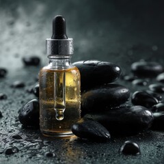 Spa oil drops, dark stones, misty background, wellness