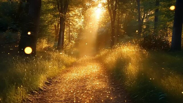Golden Sunlight Filtering Through Forest Path with Glowing Particles creating magic