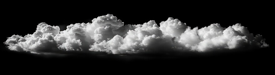 Dense, dramatic white cloud formation floating against a deep black background, showcasing texture and contrast with soft and sharp edges