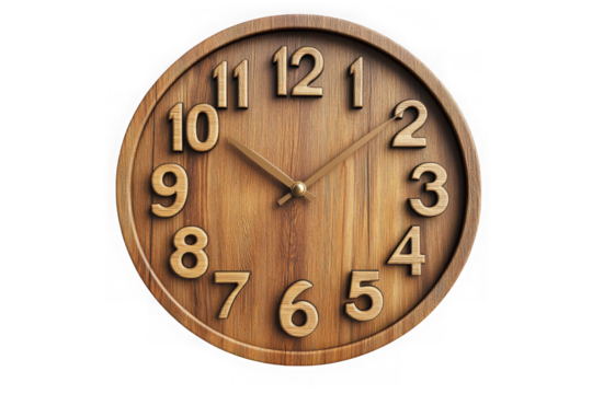 Wooden wall clock time hour minute second analog round retro design interior decoration isolated on transparent background