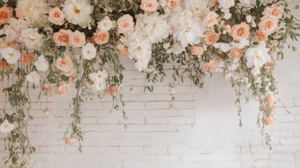 Elegant floral arrangement hanging from a white wall, perfect for events and celebrations