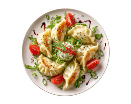 Traditional japanese gyoza dumplings with meat and mushrooms on ceramic plate on transparent background