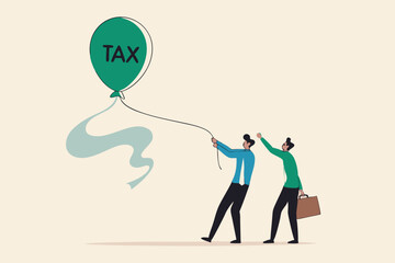Tax rise to pay for Coronavirus COVID-19 crisis, government decision to raise tax rate for aid policy in economic crisis concept, businessmen people help to hold float rising balloon with the word TAX