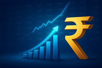 Indian rupee 3d symbol with blue growth graph.
