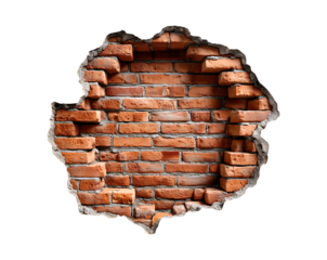 Old red brick wall with cracks and a hole in the middle, isolated on a transparent background