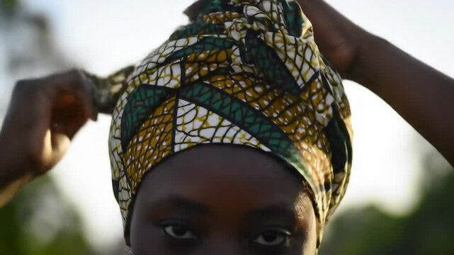 Woman Tying Traditional Headwrap