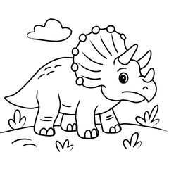 dinosaur with an egg against a landscape background. Black and white line drawing. Isolated on a white background. For children's design of coloring books, prints, posters, cards, stickers,