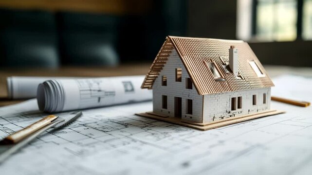 House keys and model home placed on architectural blueprints representing a real estate concept