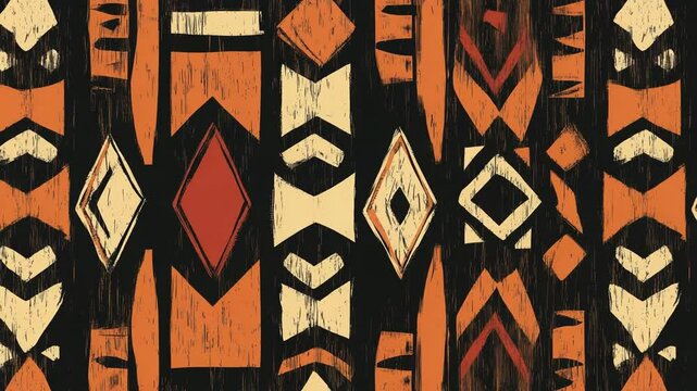 Colorful tribal pattern featuring geometric shapes and earthy tones on a textured background