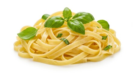 Photo of Fettuccine Pasta with Basil on White Background