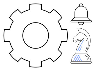 Gear for productivity, knight chess piece for strategy, and bell for alerts and notifications. Ideal for concepts thumbs up management, planning, decision-making, organization, and focus. Flat simple